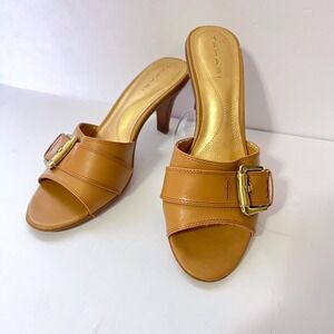 Tahari Bedford Leather Mules Womens Size 7M Tan Brown Gold Buckle Heel Sandals‎